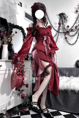 Red Rose Long Sleeves Bowknot Classic Elegant Lolita Strapless Dress - Red - 1