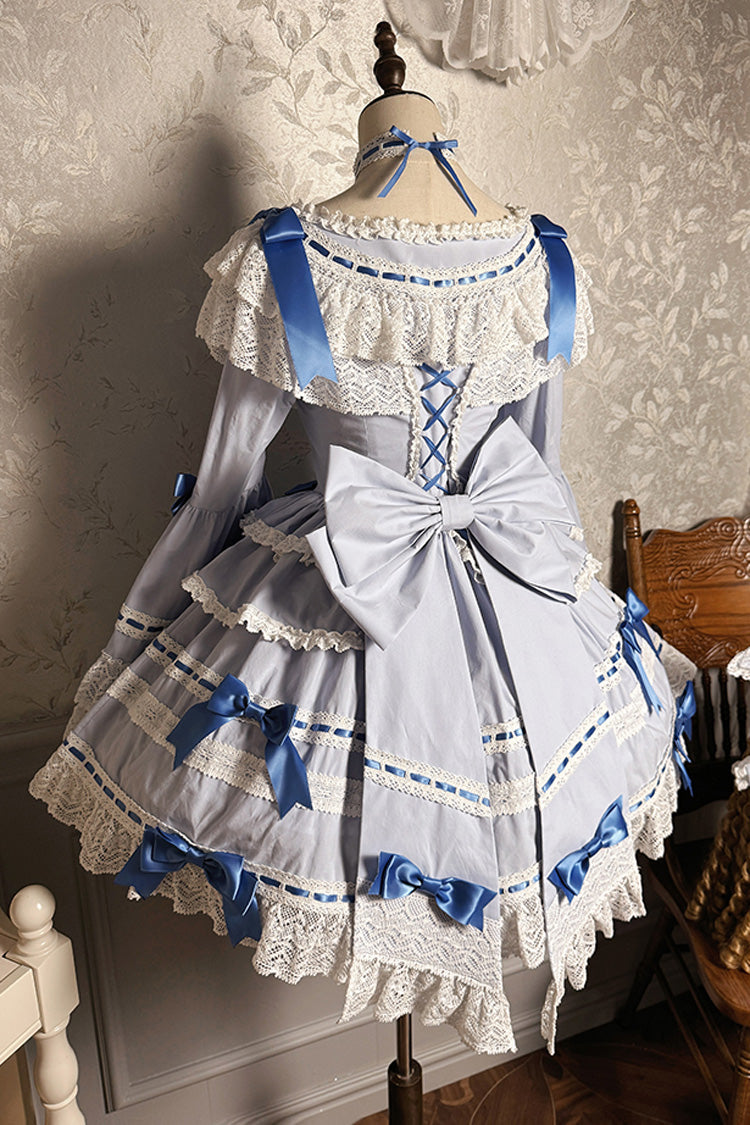 Blue/White [Rabbit Sleeping Doll] Long Trumpet Sleeves Ruffle Bowknot Lace Sweet Lolita Dress - Product - 9