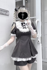[Moonlight Whispers] Jirai Kei Rabbit Ears Doll Collar Short Sleeves Printed Ruffled Bow Lace Gothic Japanese Dress Shorts Set 2 Colors - Product - 10