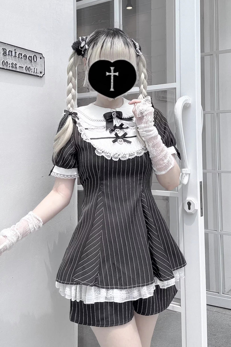 [Moonlight Whispers] Jirai Kei Rabbit Ears Doll Collar Short Sleeves Printed Ruffled Bow Lace Gothic Japanese Dress Shorts Set 2 Colors - Product - 10
