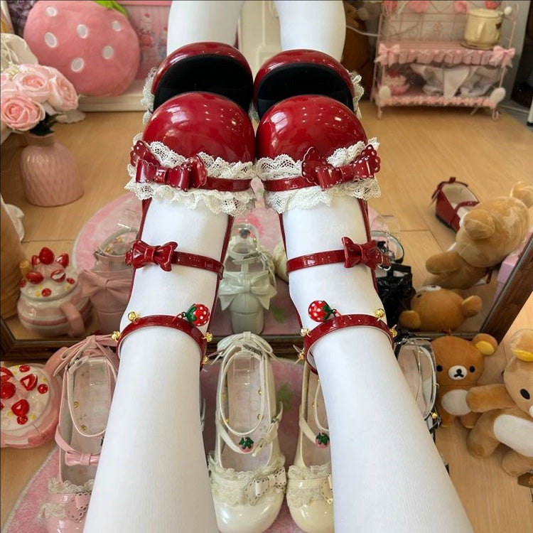 Round Toe Bow Lace Trim Mid Heel Lolita Mary Jane Shoes with Ankle Bells 6 Colors - Red - 2