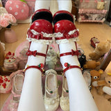 Round Toe Bow Lace Trim Mid Heel Lolita Mary Jane Shoes with Ankle Bells 6 Colors - Red - 2