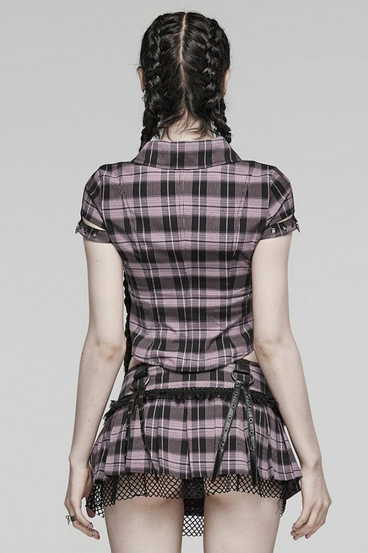 Women's Short Sleeves Plaid Print Hollow Lace Steampunk Blouse 2 Colors - Product - 7