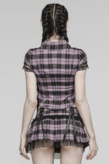 Women's Short Sleeves Plaid Print Hollow Lace Steampunk Blouse 2 Colors - Product - 7