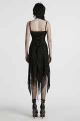 Black Sleeveless Lace Irregular Ripped Women's Gothic Party Slip Dress - Product - 3