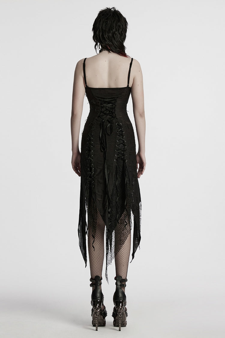 Black Sleeveless Lace Irregular Ripped Women's Gothic Party Slip Dress - Product - 3