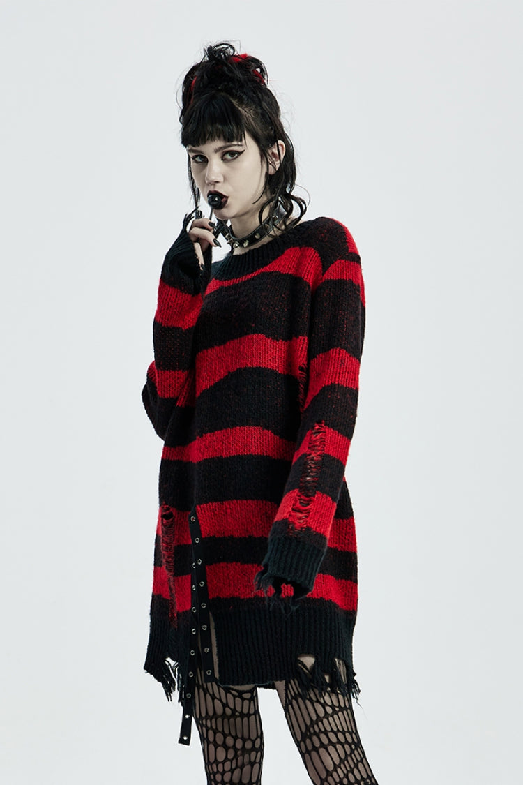 Striped Print Long Sleeves Mesh Ripped Women's Steampunk Knitted Sweater 2 Colors - Product - 9