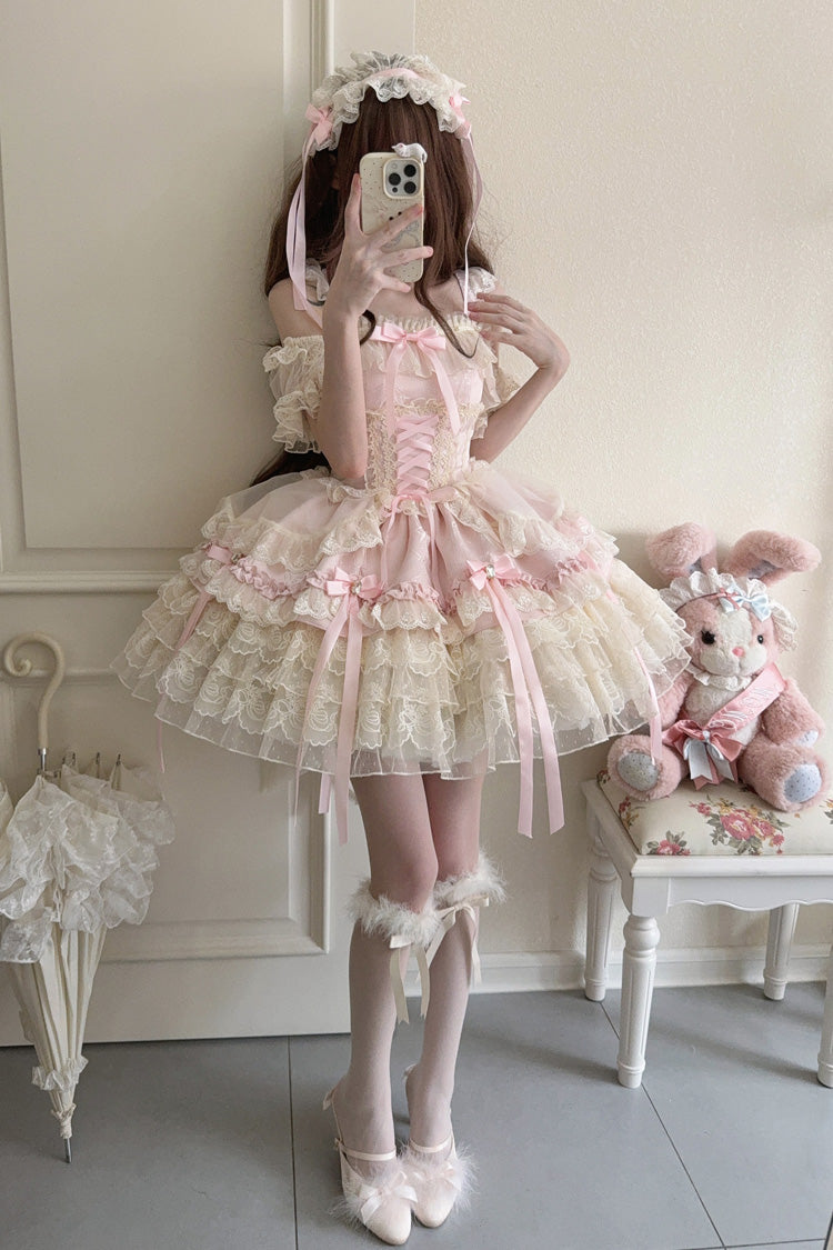 Pink [Ribbon Heart Love] Sleeveless Multi-Layered Ruffle Bowknot Lace Lace-Up Sweet Princess Ballet Lolita Jsk Dress - Product - 4