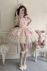 Pink [Ribbon Heart Love] Sleeveless Multi-Layered Ruffle Bowknot Lace Lace-Up Sweet Princess Ballet Lolita Jsk Dress - Product - 4