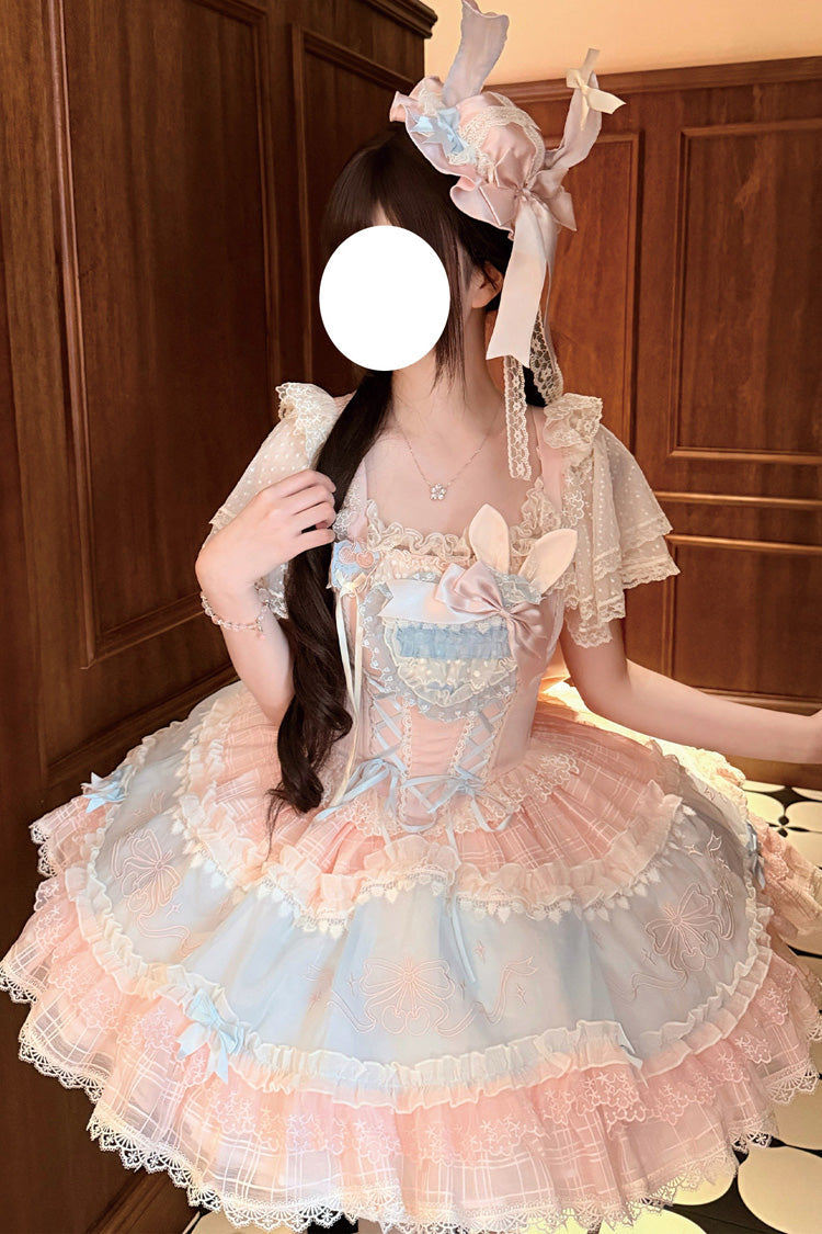 Blue/Pink [Sweetheart Bunny] Square Collar Flutter Sleeves Multi-Layered Jacquard Ruffled Embroidered Bow Lace Sweet Lolita Jsk Dress - Product - 7