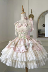 Pink/Ivory Ballet Style Garden Multi-layer Ruffle Bowknot Lace Sweet Lolita Jsk Dress - Pink/Ivory - 1
