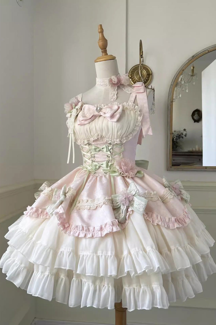Pink/Ivory Ballet Style Garden Multi-layer Ruffle Bowknot Lace Sweet Lolita Jsk Dress - Pink/Ivory - 1