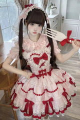 Red/Pink [Scarlet Heart Cocoa] Sleeveless Triple-Layered Ruffle Embroidery Bowknot Lace Sweet Lolita Jsk Dress - Product - 7