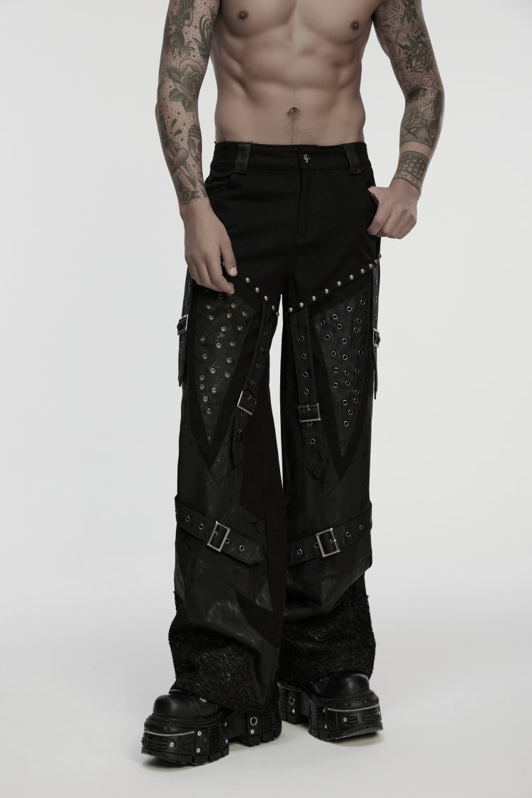 Black Studded Buckled Eyelet Men's Punk Pants - Product - 7