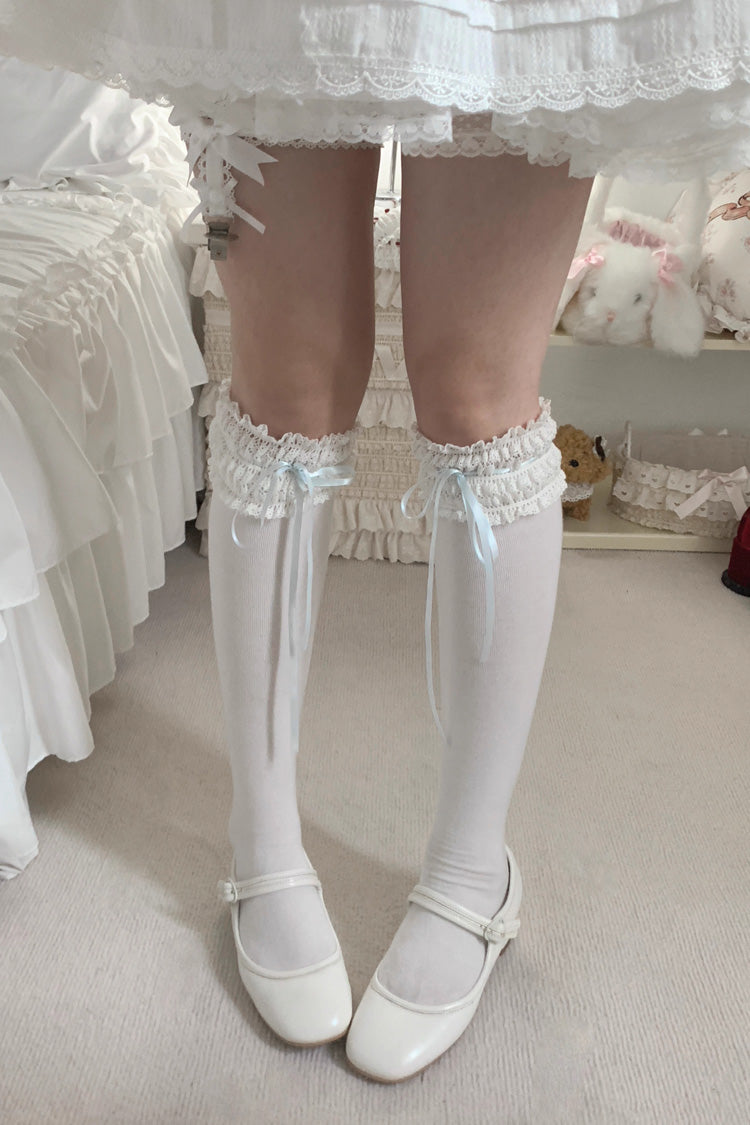 Sweet Ruffle Bowknot Lace Ballet Lolita Calf Socks 6 Colors - White/Blue - 6