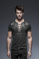 Black Lace-Up Zipper Men's Punk Blouse with Straps - Black - 1