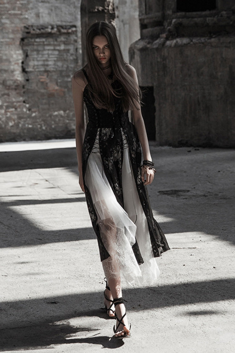 Black Lace Women's Bandage Strap Gothic Vintage Long Dress - Product - 4