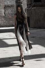 Black Lace Women's Bandage Strap Gothic Vintage Long Dress - Product - 4