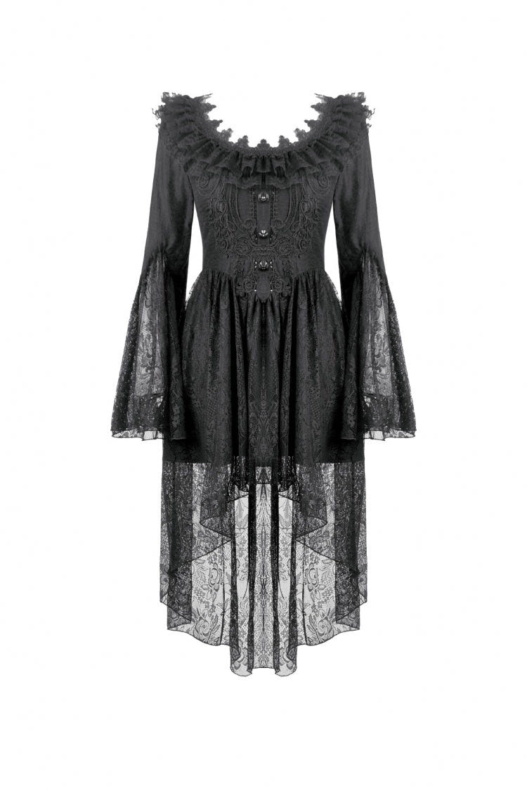 Black Lace Ruffled Boat Neck Long Trumpet Sleeves High-Low Hem Women's Gothic Dress - Product - 3