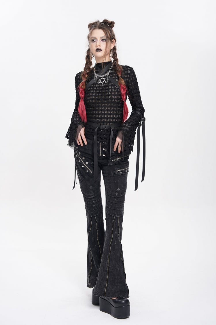 Black Zipper Pleated Women's Punk Flared Pants - Product - 11