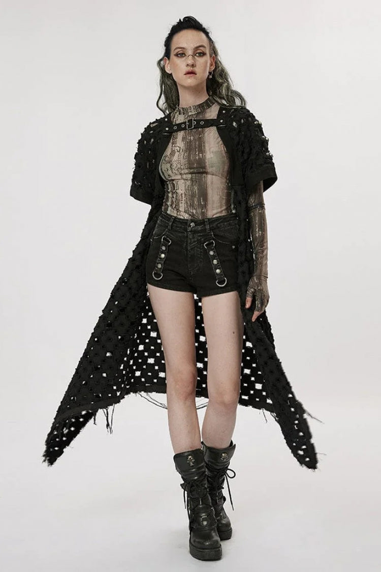 Black Ripped Buckle Hollow Irregular Womens Steampunk Blouse Cardigan - Product - 2