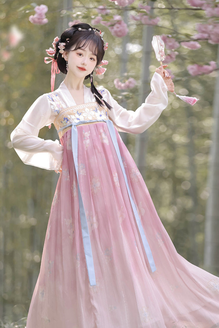 Pink Long Sleeves Tang-Style Qixiong Ruqun Printed Lace Sweet Hanfu Dress Set - Product - 4