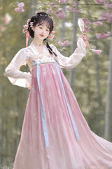 Pink Long Sleeves Tang-Style Qixiong Ruqun Printed Lace Sweet Hanfu Dress Set - Product - 4