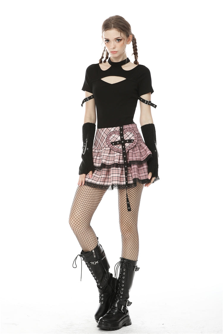 Pink Rock Heart Plaid Double-Layered Ruffled Women's Lolita Mini Skirt with Lace Hem - Product - 6