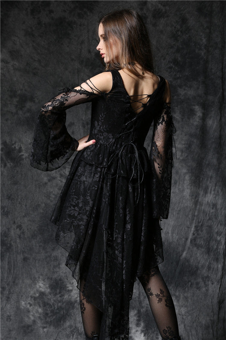 Black Square Collar Long Sleeves Overlay Embroidered Lace Women's Gothic Dress - Product - 4