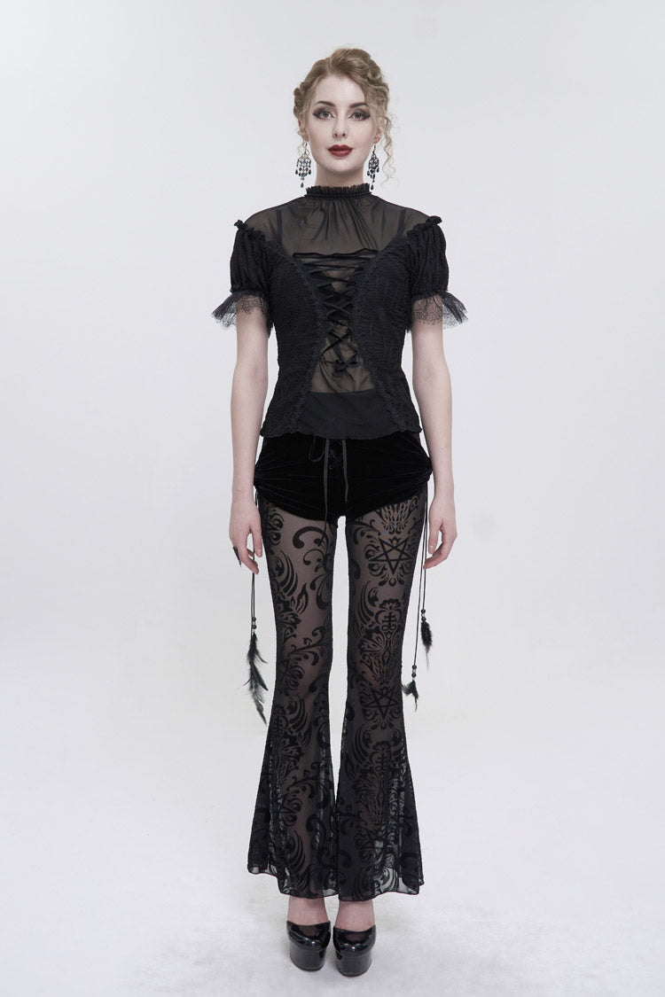 Black Flocking Mesh Side Hanging Feather Pendant Fake Two-Piece Long Women's Gothic Flared Pants - Product - 4