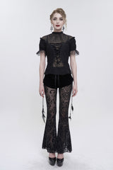 Black Flocking Mesh Side Hanging Feather Pendant Fake Two-Piece Long Women's Gothic Flared Pants - Product - 4