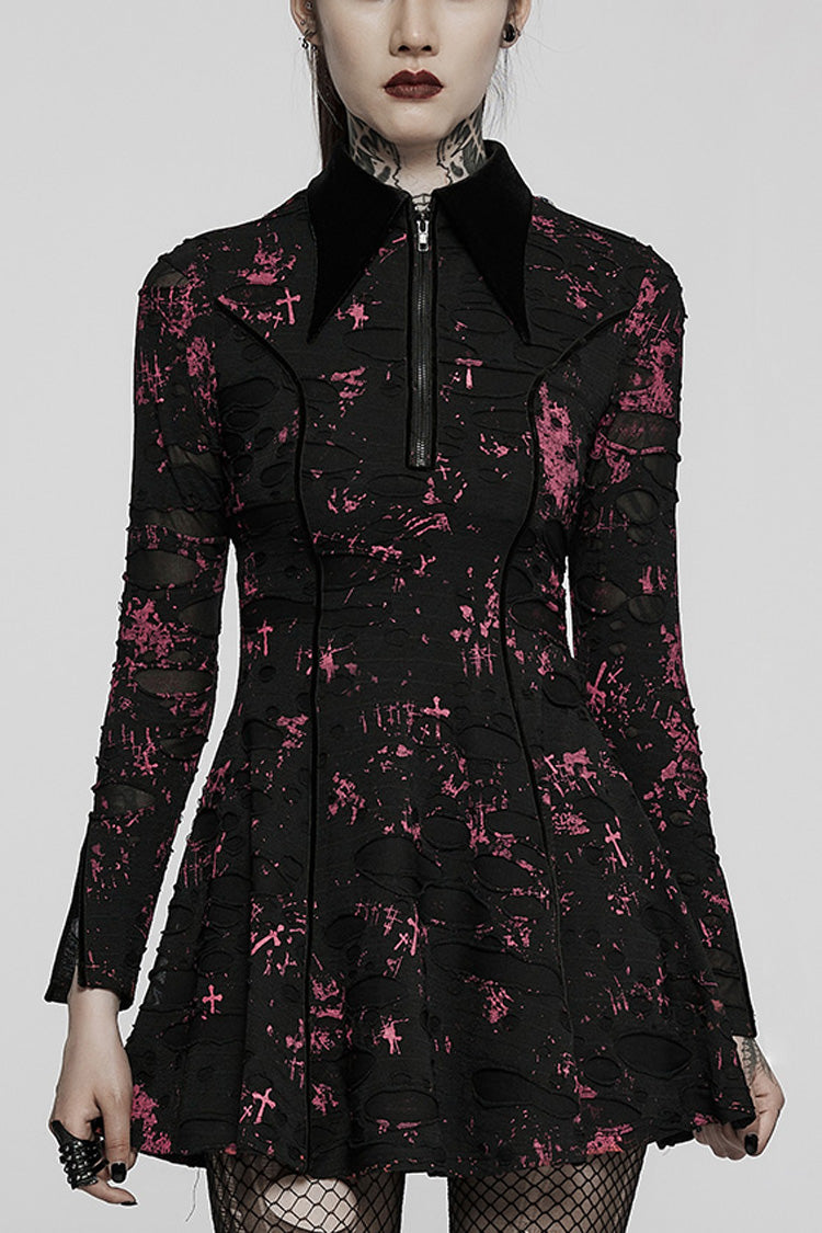 Black/Red Long Sleeves Print Slim Ripped Tie-dyed Women's Gothic Dress - Black/Red - 1