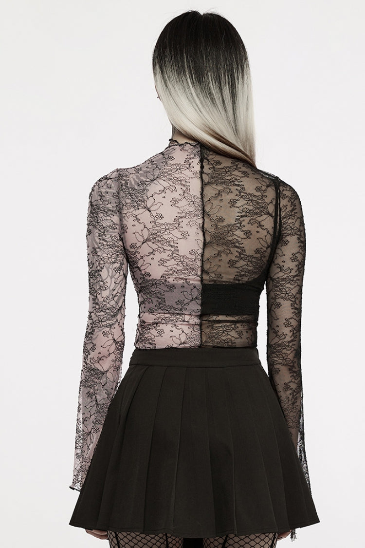 Pink/Black Gothic Lace Stitching Simple Sexy Style Thin See Through Horn Long Sleeved Women's T-Shirt - Product - 3