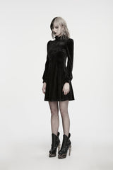 Black High Collar Long Lantern Sleeves Ruffled Embroidered Lace Zippered Women's Gothic Elegant Royal Dress - Product - 6