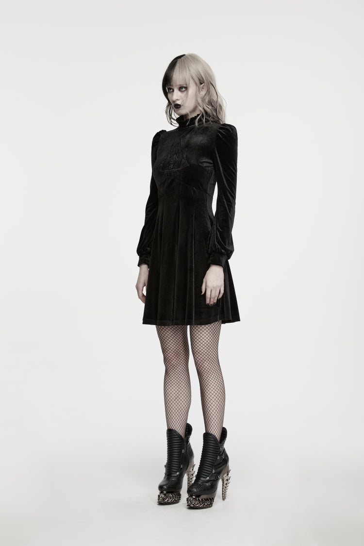 Black High Collar Long Lantern Sleeves Ruffled Embroidered Lace Zippered Women's Gothic Elegant Royal Dress - Product - 6