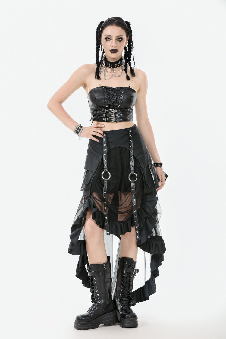 Black Eyelet Straps Women's High-Low Multi-Layered Ruffled Sheer Mesh Punk Skirt - Product - 6