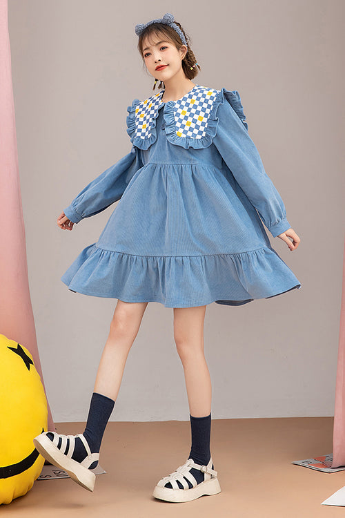 Blue Plaid Print Doll Collar Long Sleeves Ruffled Corduroy Sweet Lolita OP Dress - Product - 3