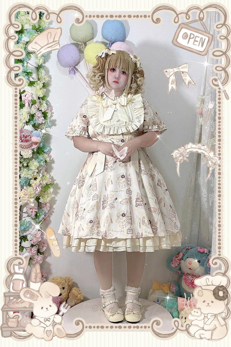 Ivory Short Puff Sleeves Print Ruffle Bowknot Plus Size Princess Lolita Dress - Product - 3