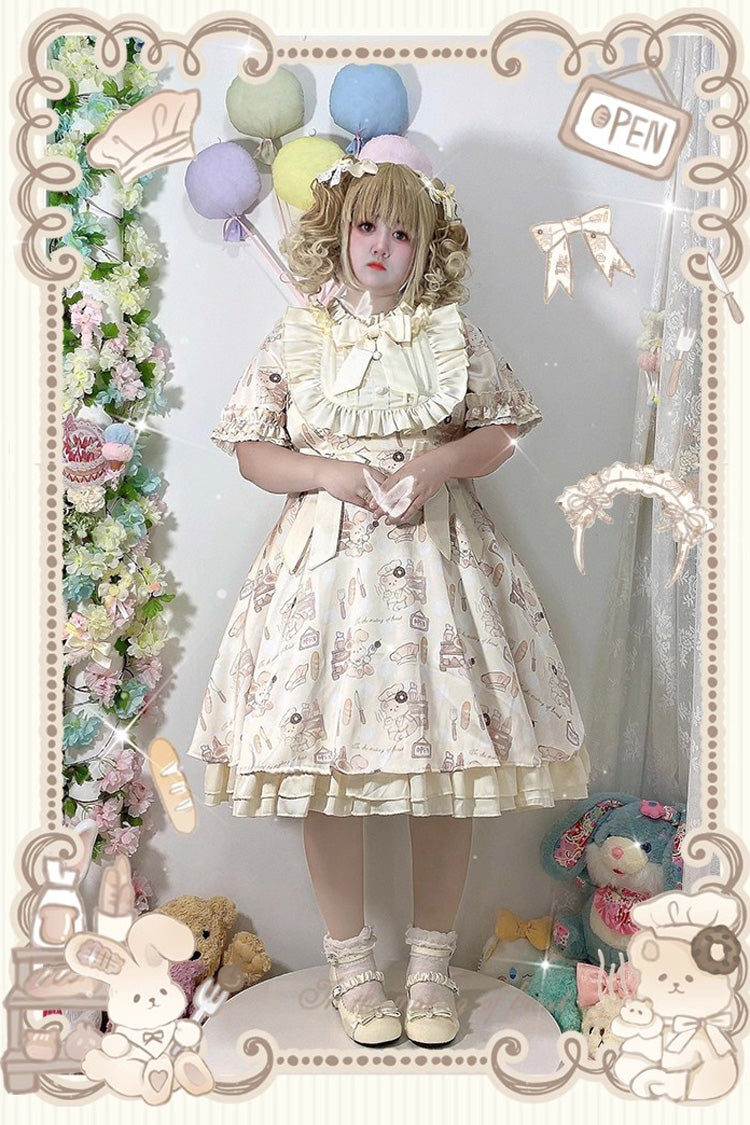 Ivory Short Puff Sleeves Print Ruffle Bowknot Plus Size Princess Lolita Dress - Product - 3
