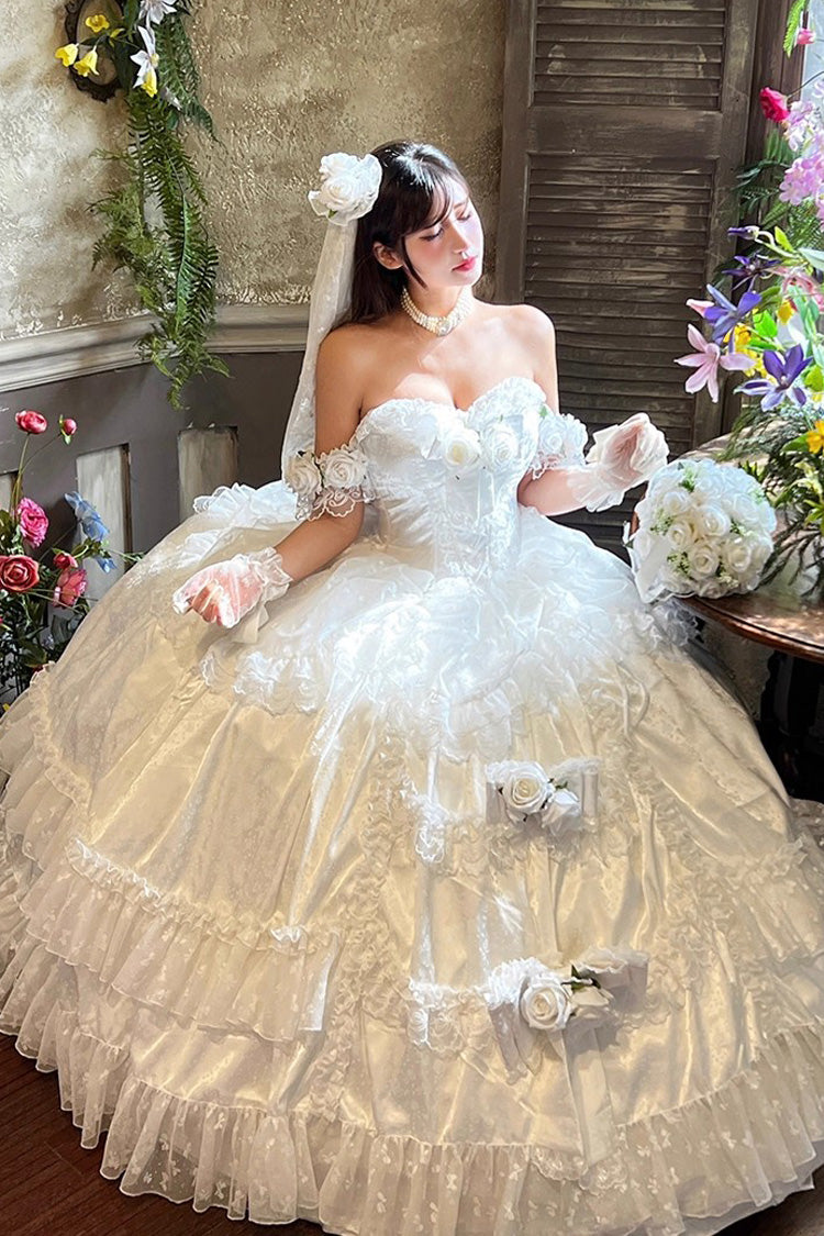White [Love and Roses] Ruffle Hanayome Bowknot Lace Sweet Princess Lolita Jsk Dress - White - 1