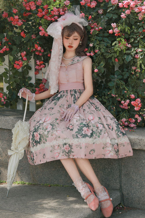 Pink Elegant Vintage French Rose Floral Print V Collar Sleeveless Ruffled Classic Lolita JSK Dress - Product - 2