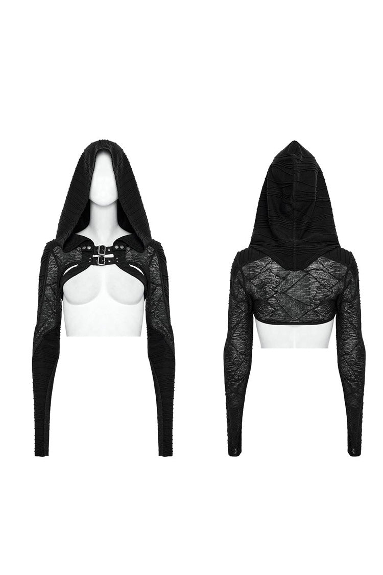 Black Hollow Stretch-Knit Stitching Detachable Hooded Stripe Buckles Womens Steampunk Jacket - Product - 5