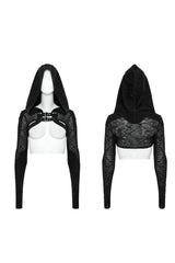 Black Hollow Stretch-Knit Stitching Detachable Hooded Stripe Buckles Womens Steampunk Jacket - Product - 5
