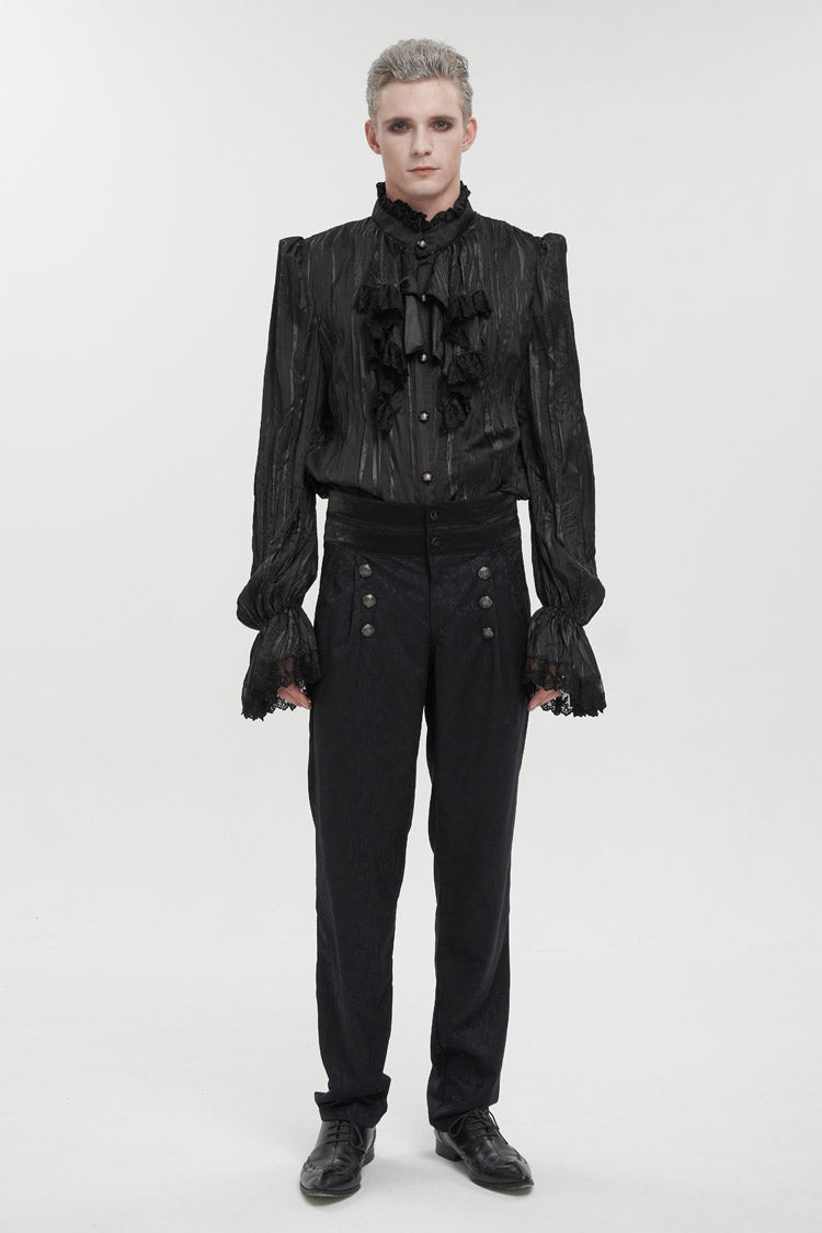 Black Vintage Stand Collar Striped Collar Floral Lace Men's Gothic Shirt - Product - 4