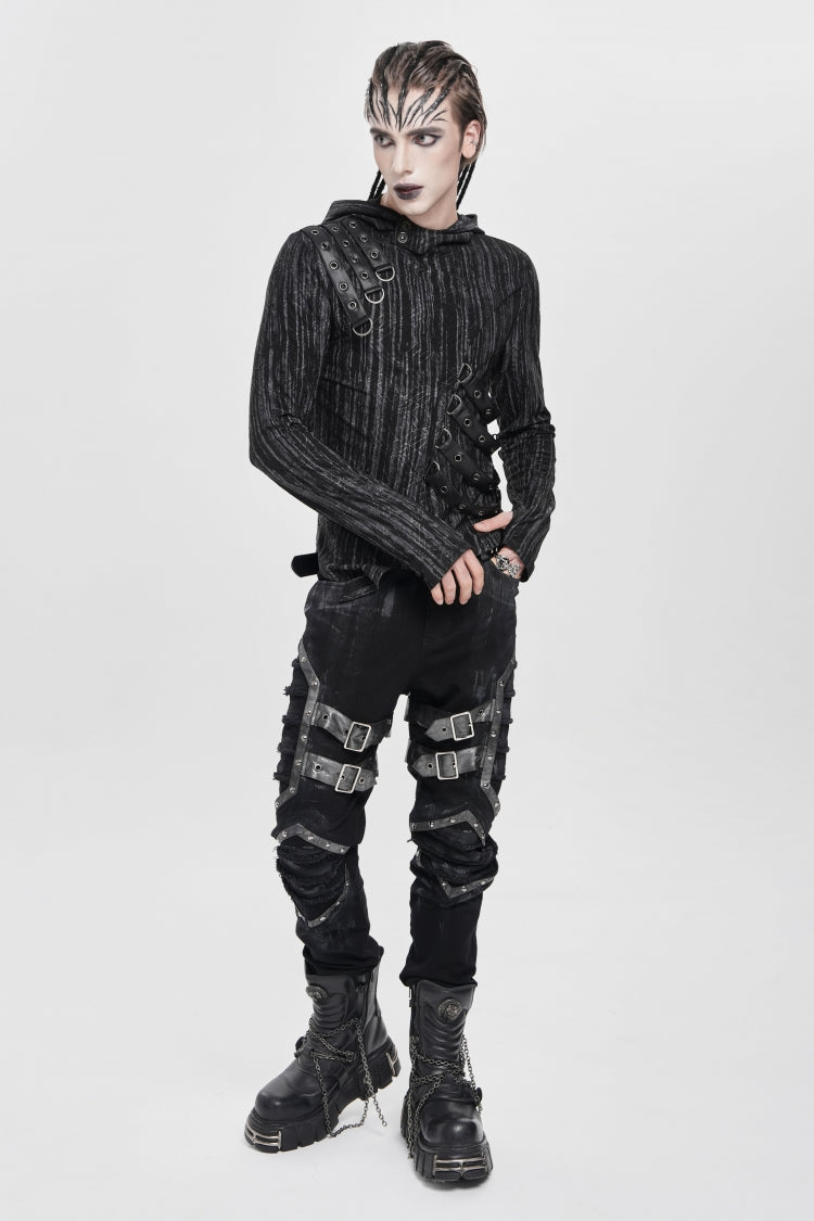 Black Buckle Straps Pleated Men's Punk Pants - Product - 10
