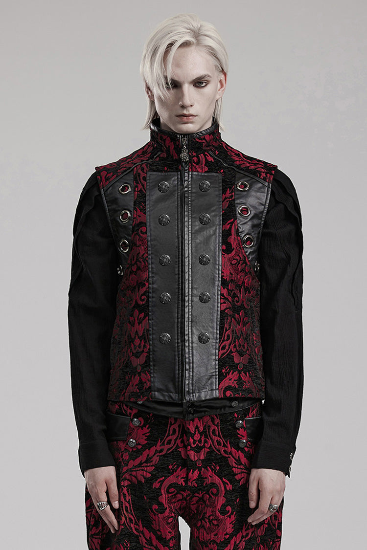 Black/Red Men's Stand Collar Jacquard Print Stitching Metal Ring Decoration Gothic Vest - Black/Red - 1
