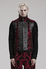 Black/Red Men's Stand Collar Jacquard Print Stitching Metal Ring Decoration Gothic Vest - Black/Red - 1