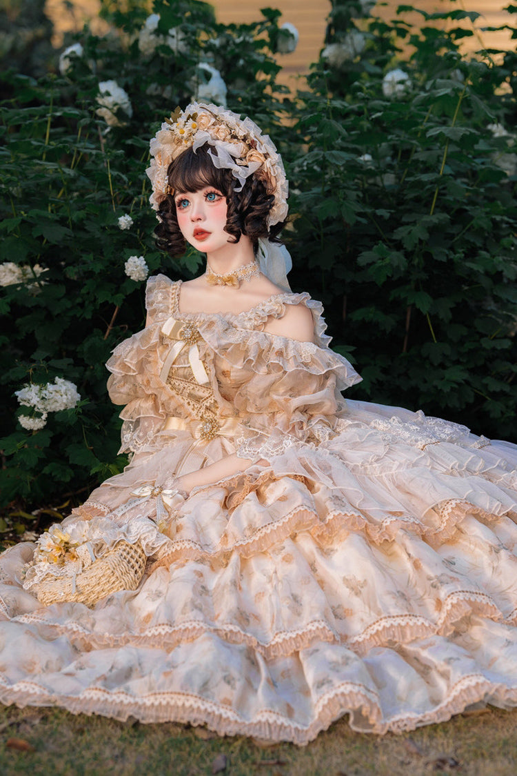 Yellow [Rose Letter] Off Shoulder Triple-Layered Print Ruffle Hanayome Sweet Princess Lolita Dress - Product - 5