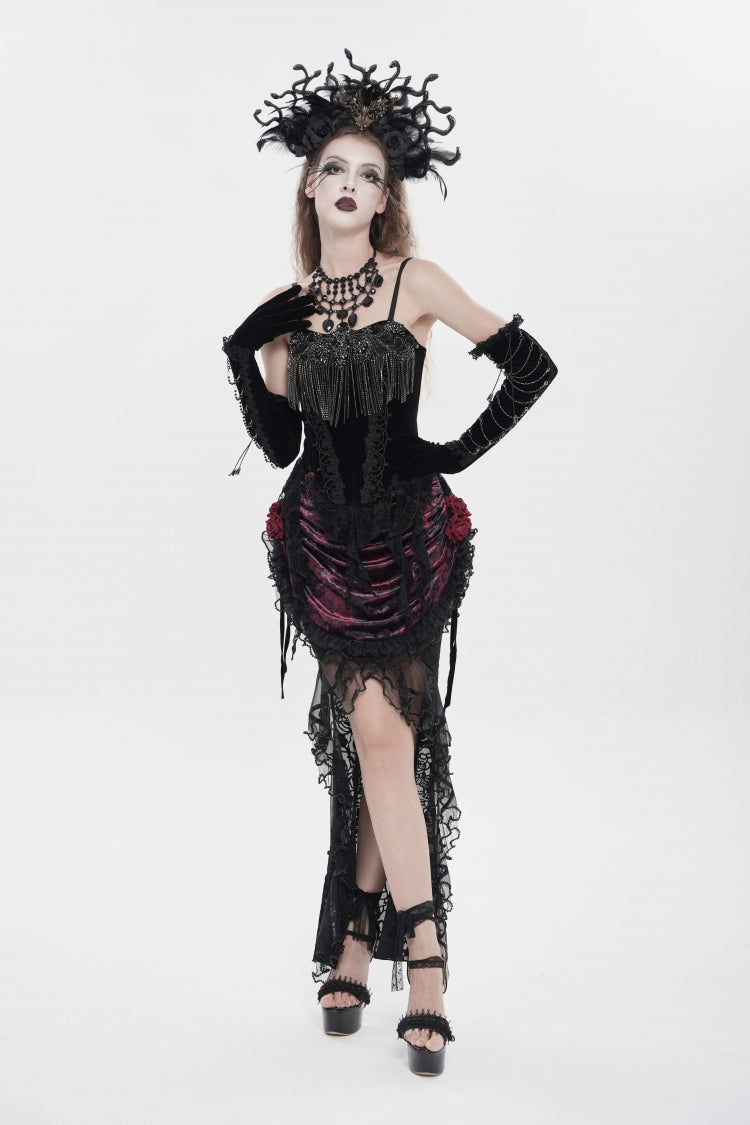 Black Lace-Up Women's Gothic Embroidered Tassels  Overbust Corset - Product - 7