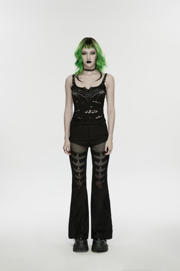 Black Off Shoulder Slim Ripped Buckled Women's Punk Spiders&Web Printed  Vest - Product - 1